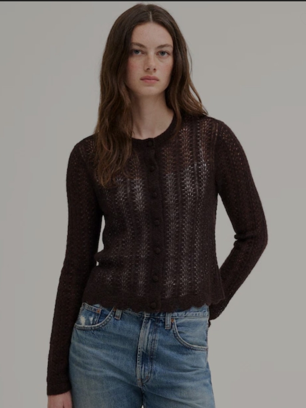 Madewell Dark Brown Alpaca-Blend Sheer Knit Button-Front Cardigan